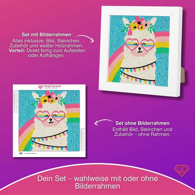 5D Diamond Painting Regenbogen-Alpaka Gloria mit Strasssteinchen