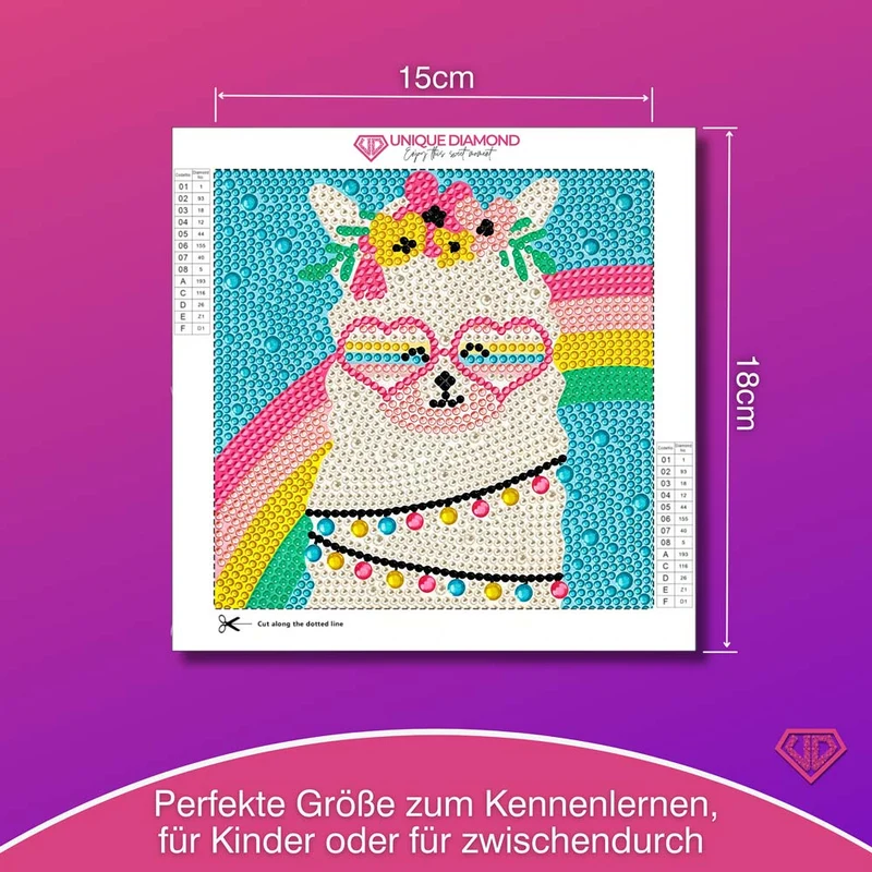 5D Diamond Painting Regenbogen-Alpaka Gloria mit Strasssteinchen