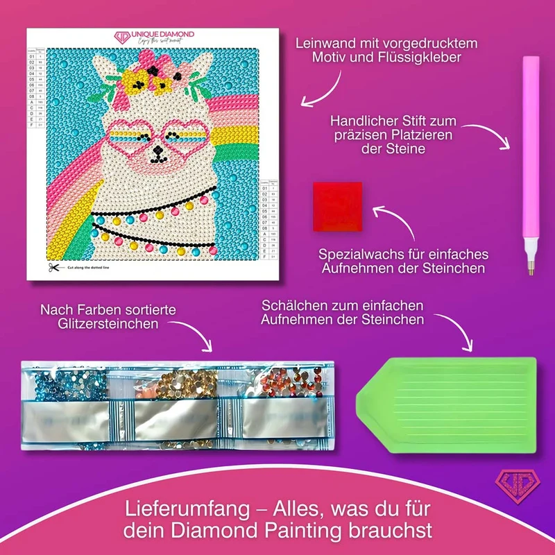 5D Diamond Painting Regenbogen-Alpaka Gloria mit Strasssteinchen