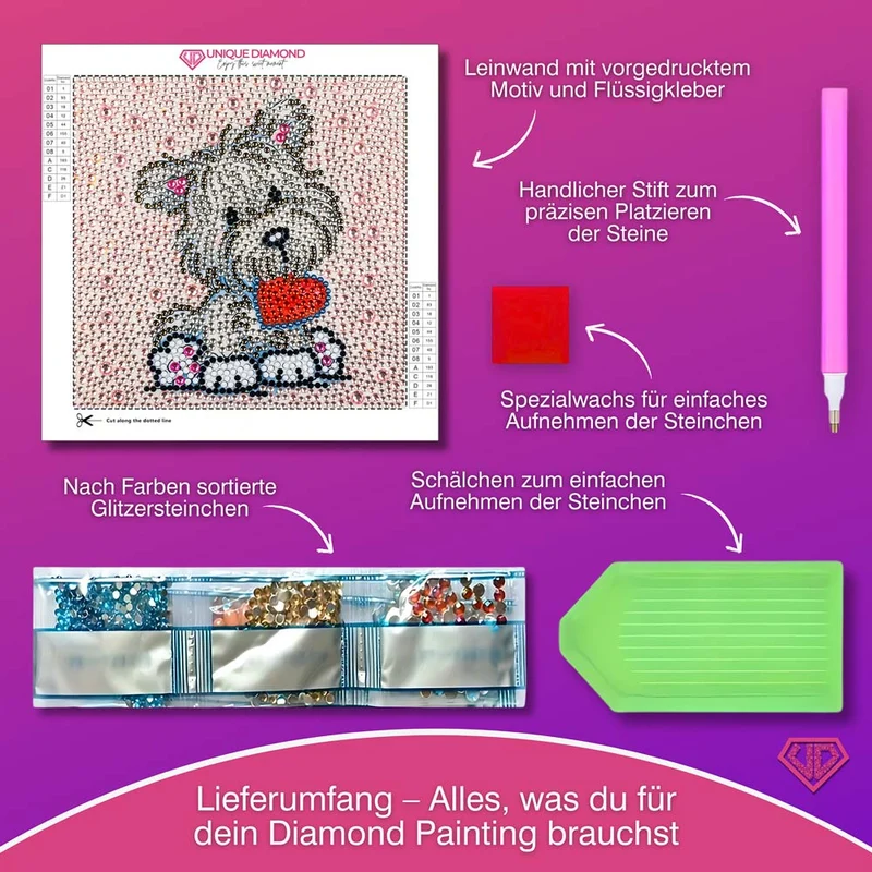 5D Diamond Painting Herz-Hündchen Benny Strasssteine