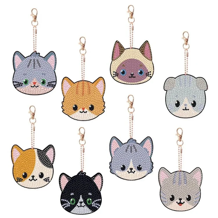 Diamond Painting Schlüsselanhänger Katzenkopf Gross 8er Set DIY Bastelset