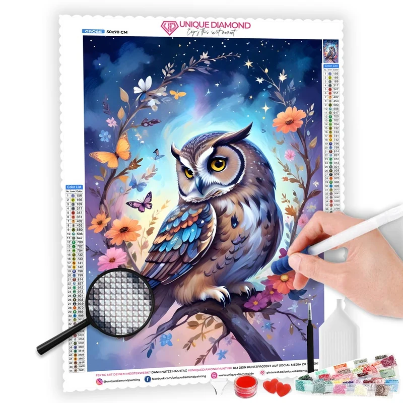 5D Diamond Painting – Eule mit Blumen