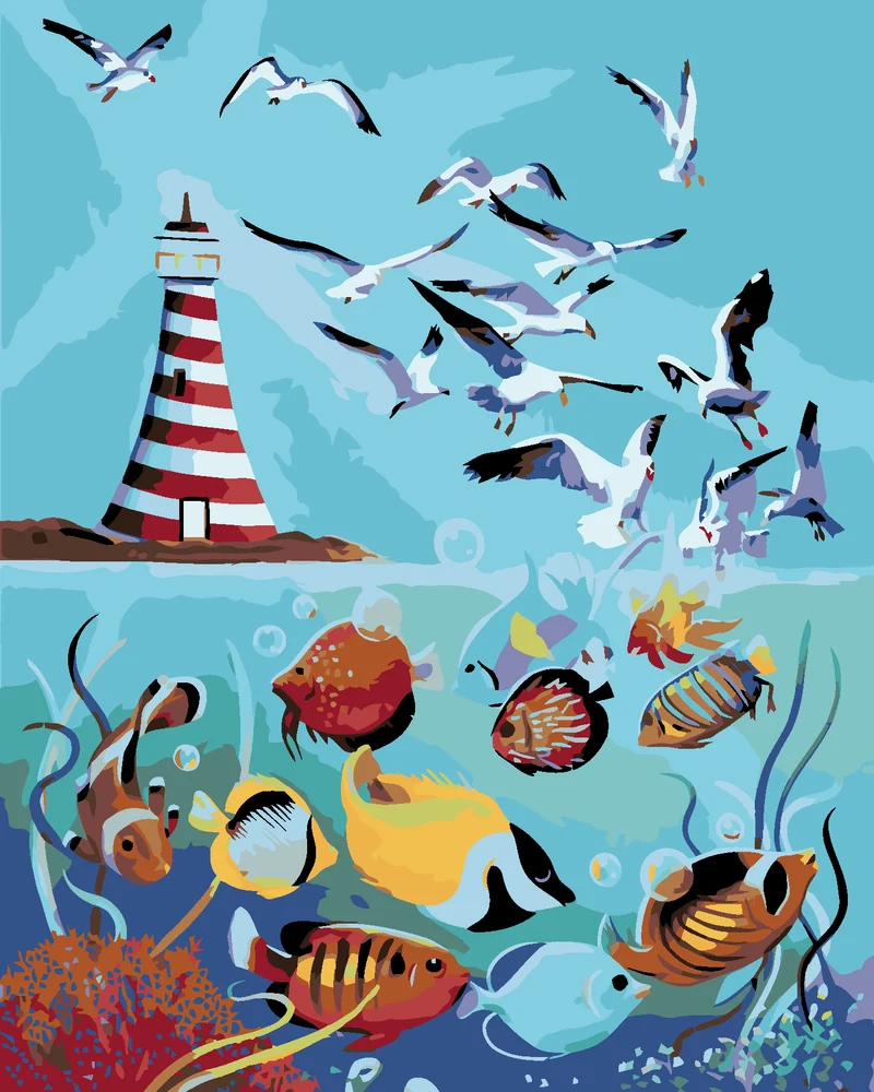 Diamond painting - LEUCHTTURM, MÖWEN UND FISCHE (D. RUSTY RUST)