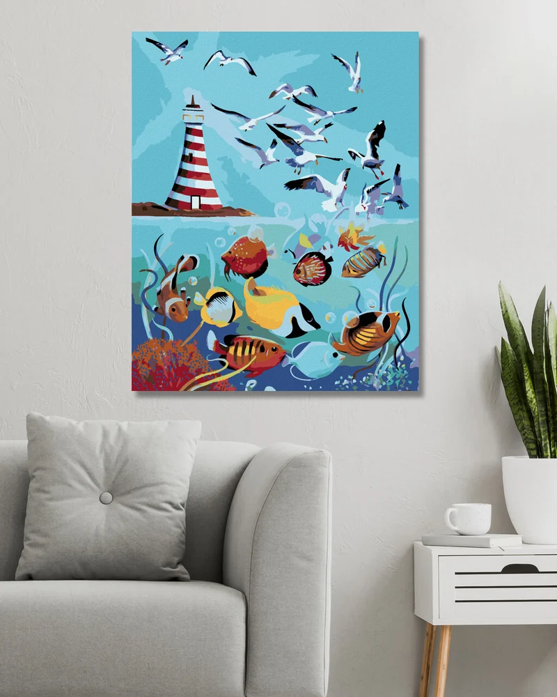 Diamond painting - LEUCHTTURM, MÖWEN UND FISCHE (D. RUSTY RUST)