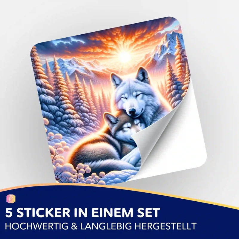 Aufkleber 5er-Set - Wolfliebe im Sonnenaufgang