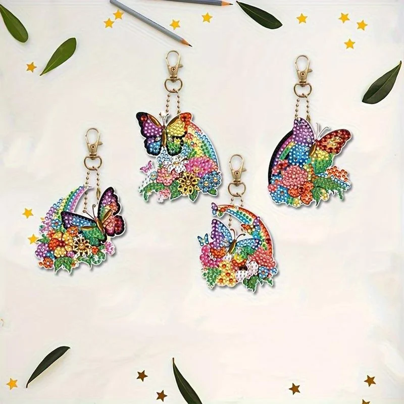 5D Diamond Painting Anhänger – Regenbogen-Schmetterlinge im Blütenflug