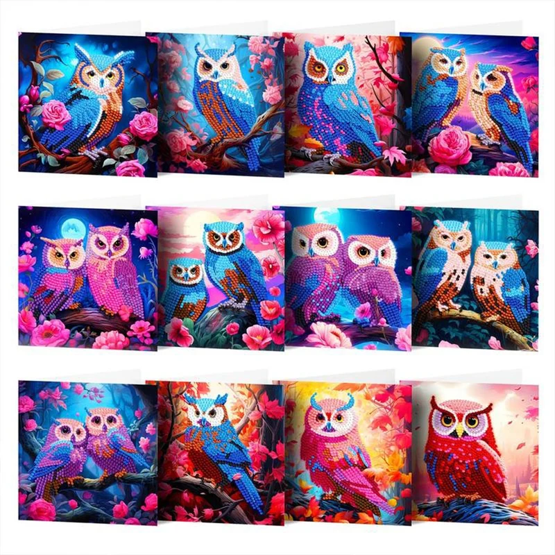 5D Diamond Painting Grußkarten - Eulen 12 Stück