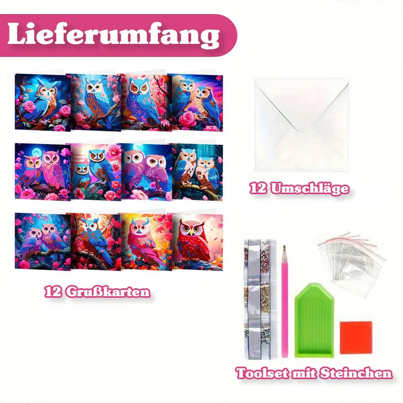 5D Diamond Painting Grußkarten - Eulen 12 Stück