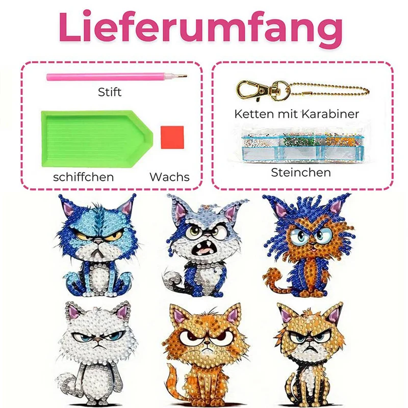 5D Diamond Painting Schlüsselanhänger Bad Cats 6 Stück