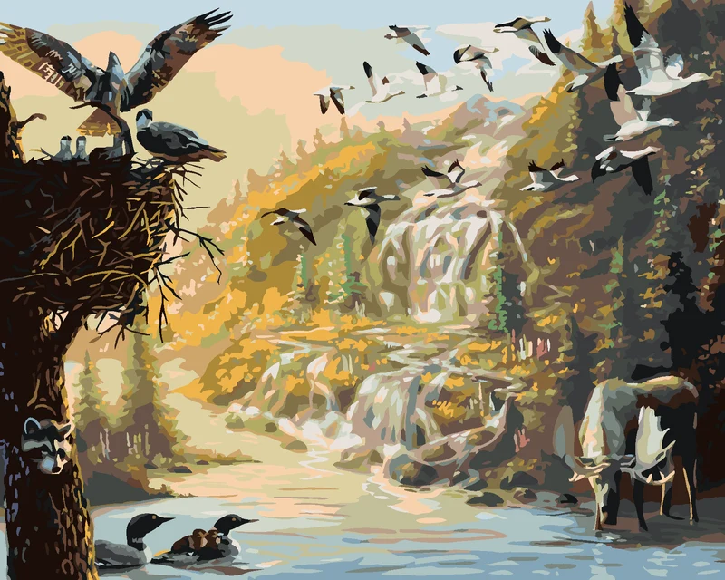 Diamond painting - ELCH, VÖGEL UND ENTEN AN DER WASSERSTELLE (D. RUSTY RUST)