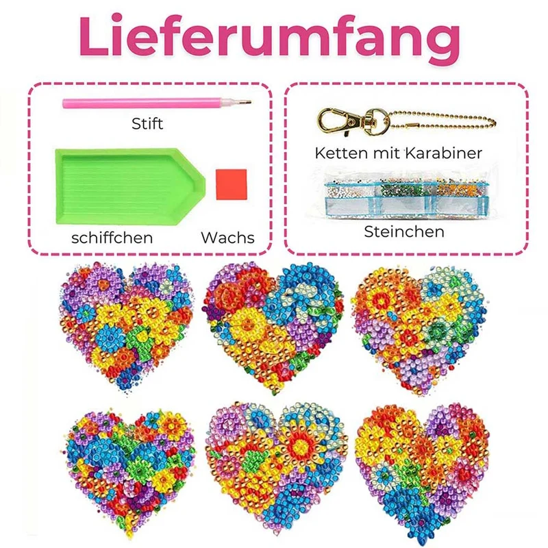 5D Diamond Painting Schlüsselanhänger Blumenherz 6 Stück