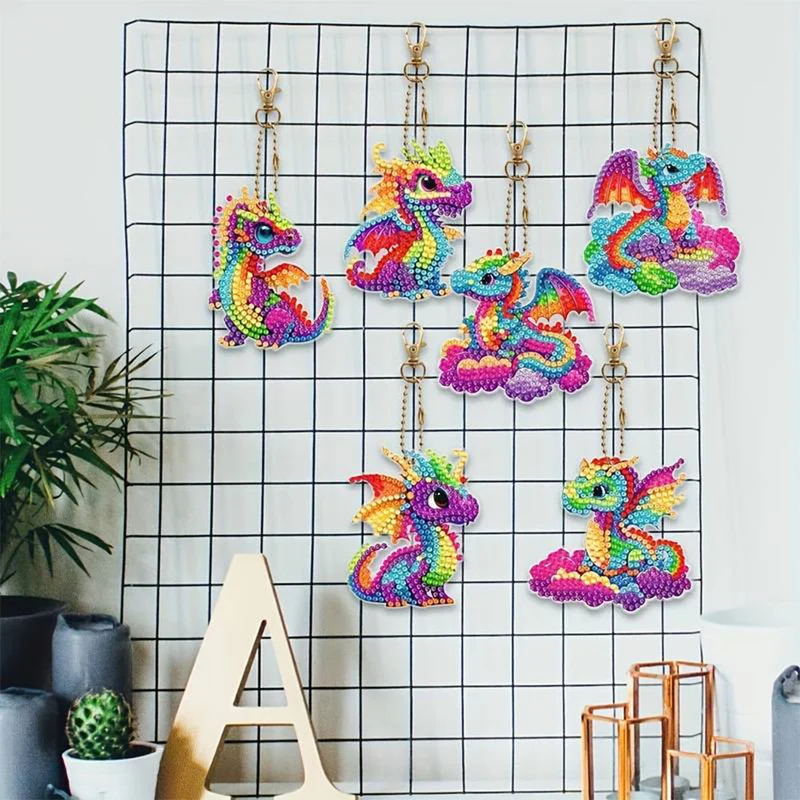 5D Diamond Painting Schlüsselanhänger Drachen 6 Stück