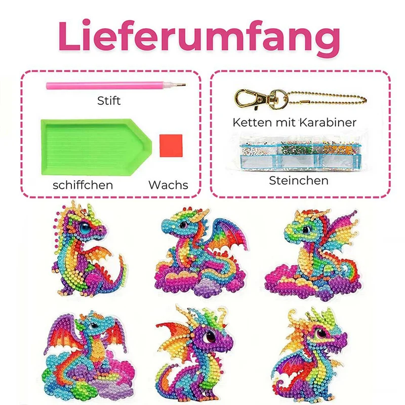 5D Diamond Painting Schlüsselanhänger Drachen 6 Stück