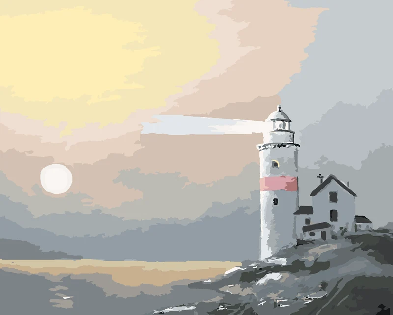 Diamond painting - LEUCHTTURM UND SONNE IM NEBEL (D. RUSTY RUST)
