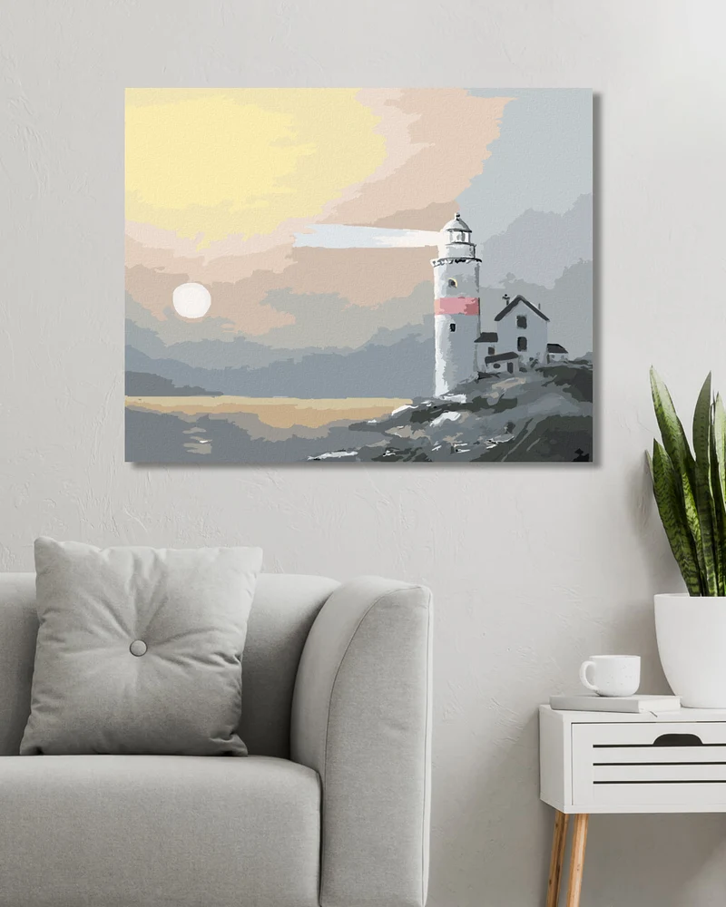 Diamond painting - LEUCHTTURM UND SONNE IM NEBEL (D. RUSTY RUST)