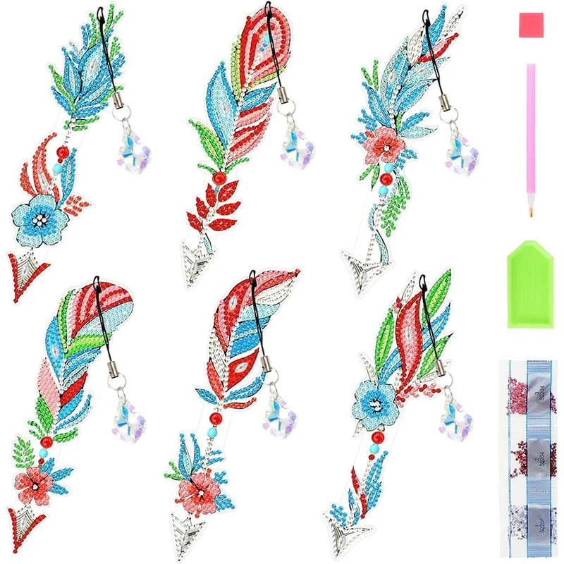 5D Diamond Painting Lesezeichen – Florale Pfeilfedern im 6er-Set