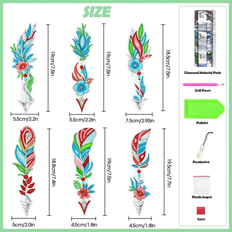 5D Diamond Painting Lesezeichen – Florale Pfeilfedern im 6er-Set