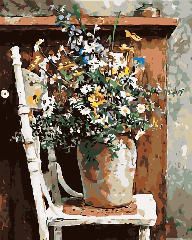 Diamond painting - WIESENBLUMEN IN EINER VASE AUF EINEM STUHL