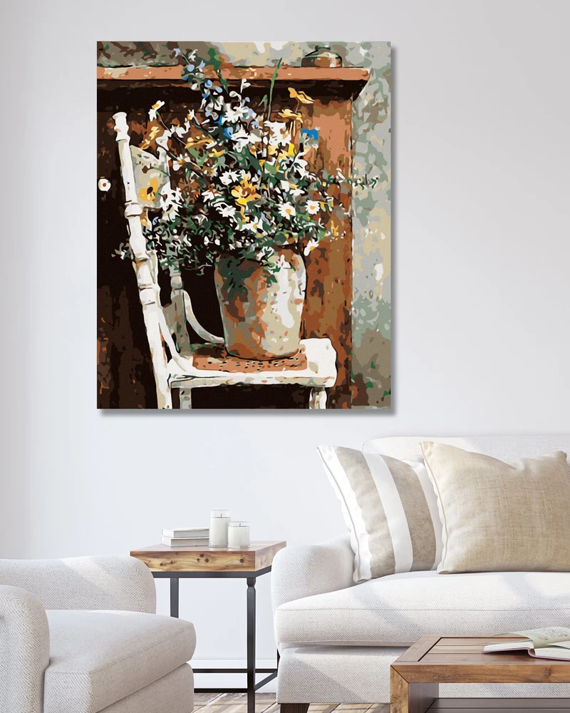 Diamond painting - WIESENBLUMEN IN EINER VASE AUF EINEM STUHL