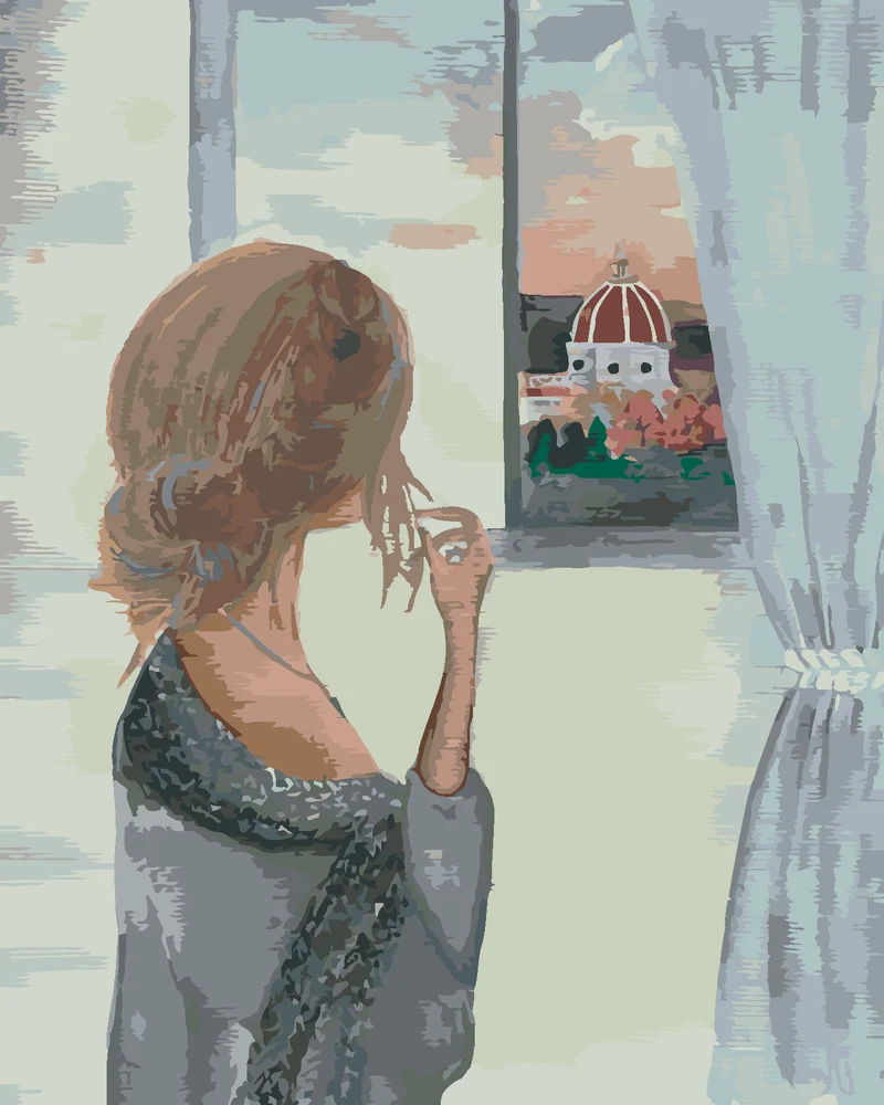 Diamond painting - FRAU AM FENSTER MIT BLICK AUF DIE KATHEDRALE SANTA MARIA