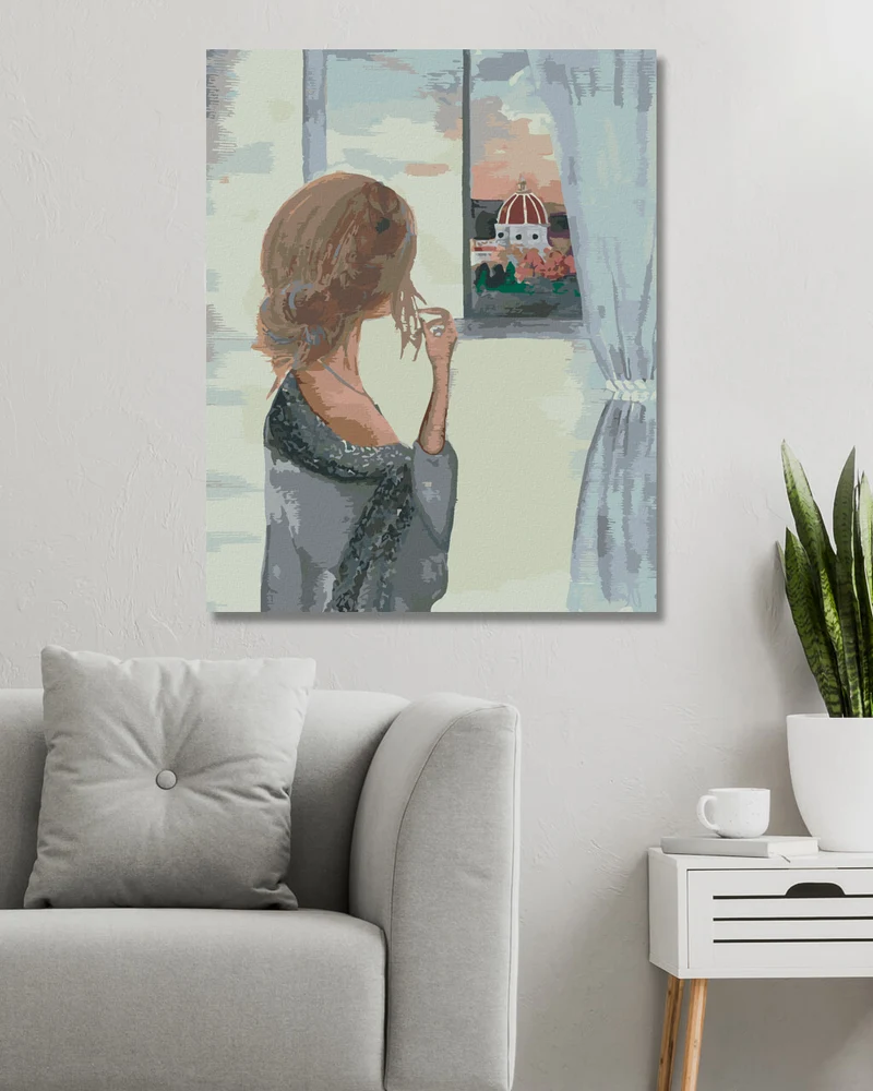 Diamond painting - FRAU AM FENSTER MIT BLICK AUF DIE KATHEDRALE SANTA MARIA