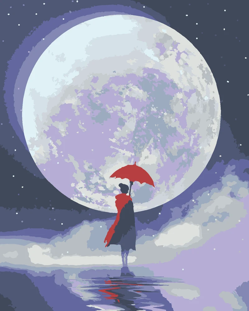Diamond painting - FRAU, DIE MIT EINEM REGENSCHIRM VOR DEM VOLLMOND STEHT