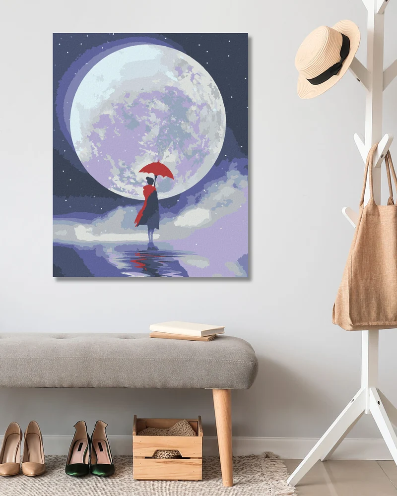Diamond painting - FRAU, DIE MIT EINEM REGENSCHIRM VOR DEM VOLLMOND STEHT