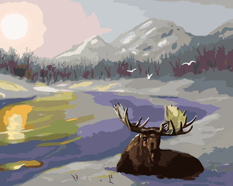 Diamond painting - ELCH IM SCHNEE LIEGEND UND EIN FLUSS (D. RUSTY RUST)