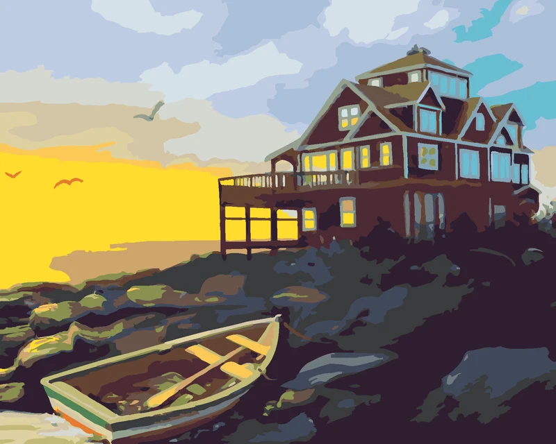 Diamond painting - BOOT, HAUS AN DER KÜSTE UND SONNENUNTERGANG (D. RUSTY RUST)