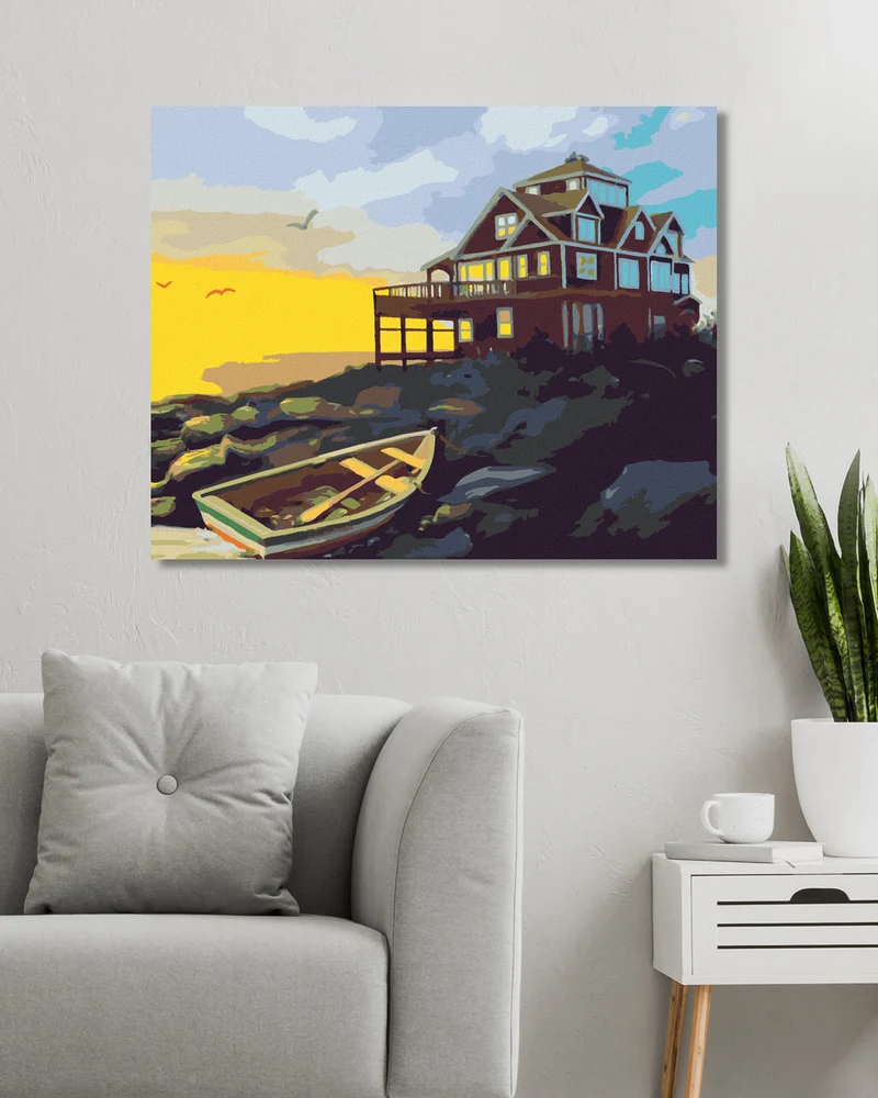 Diamond painting - BOOT, HAUS AN DER KÜSTE UND SONNENUNTERGANG (D. RUSTY RUST)