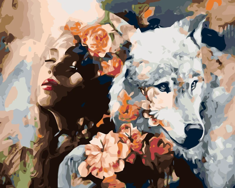 Diamond painting - FRAU, WOLF UND BLUMEN