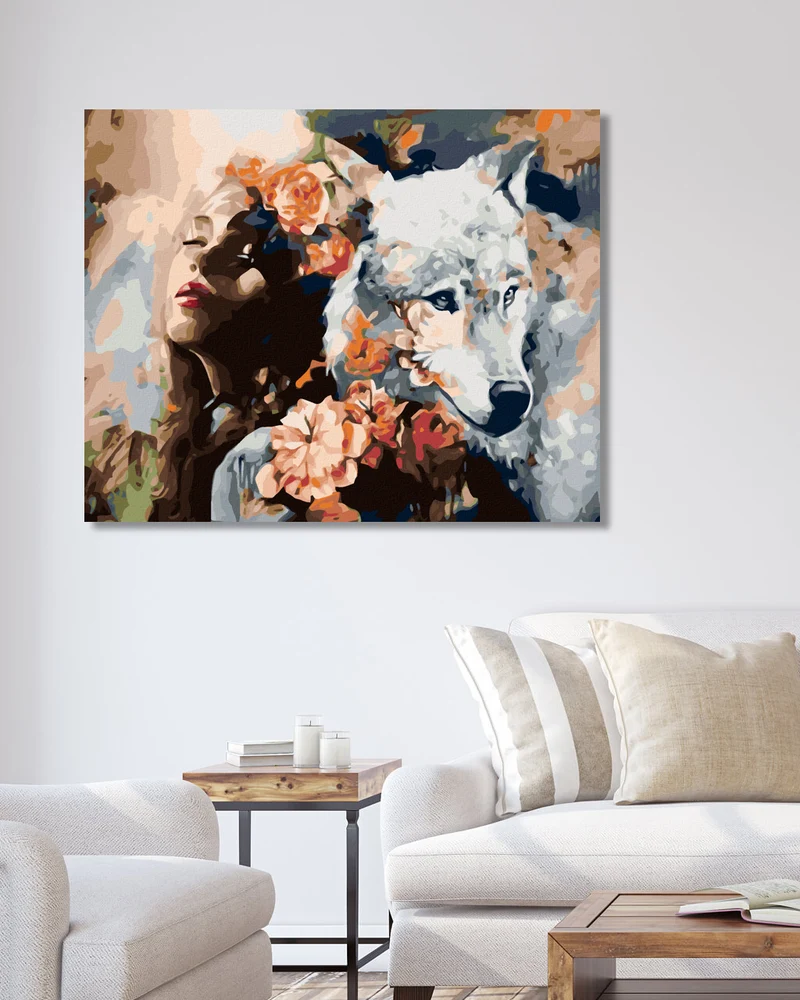Diamond painting - FRAU, WOLF UND BLUMEN