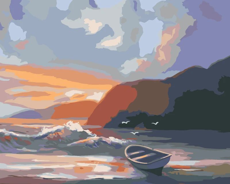 Diamond painting - BOOT AN DER KÜSTE, WELLEN UND SONNENUNTERGANG (D. RUSTY RUST)