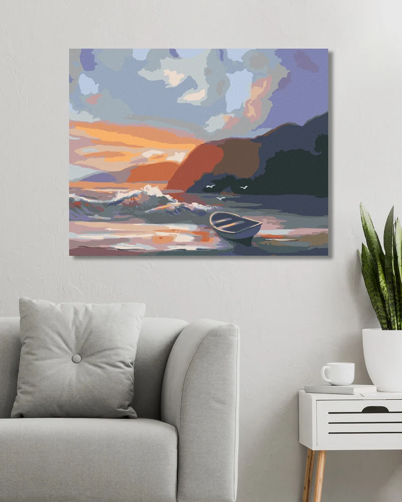 Diamond painting - BOOT AN DER KÜSTE, WELLEN UND SONNENUNTERGANG (D. RUSTY RUST)