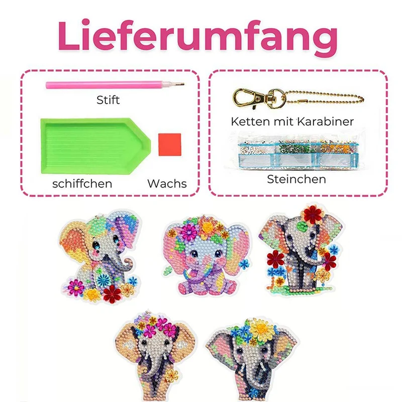 5D Diamond Painting Schlüsselanhänger Elefanten 5 Stück