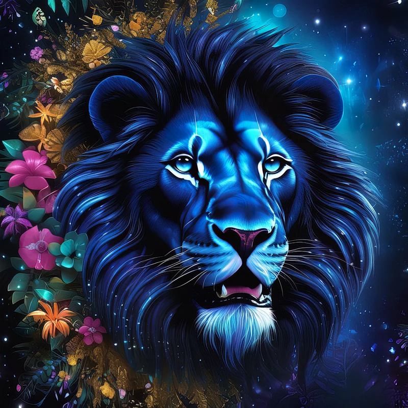 5D Diamond Painting – Blue Lion With Flowers