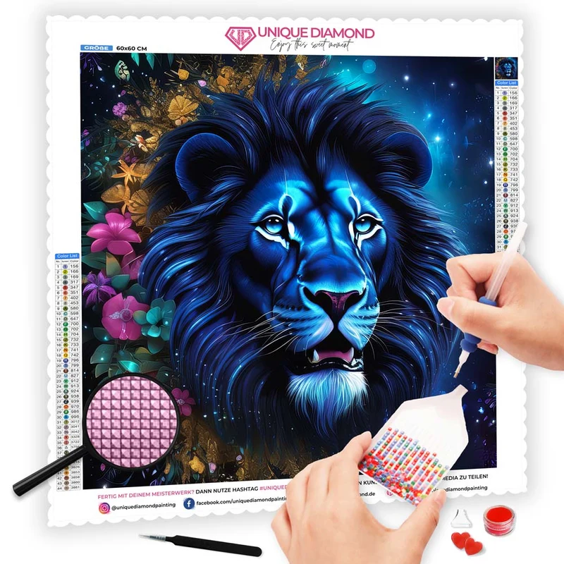 5D Diamond Painting – Blue Lion With Flowers