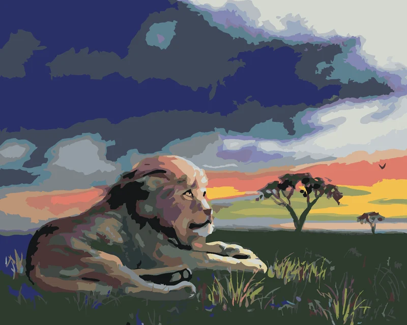 Diamond painting - LÖWE IM GRAS BEI SONNENUNTERGANG (D. RUSTY RUST)