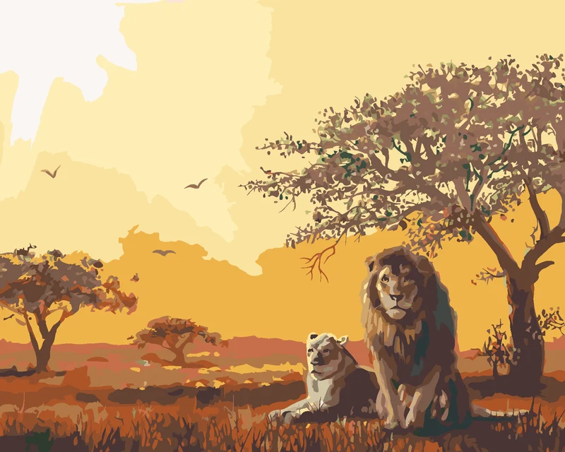 Diamond painting - LÖWE UND LÖWIN IN DER ABENDDÄMMERUNG (D. RUSTY RUST)