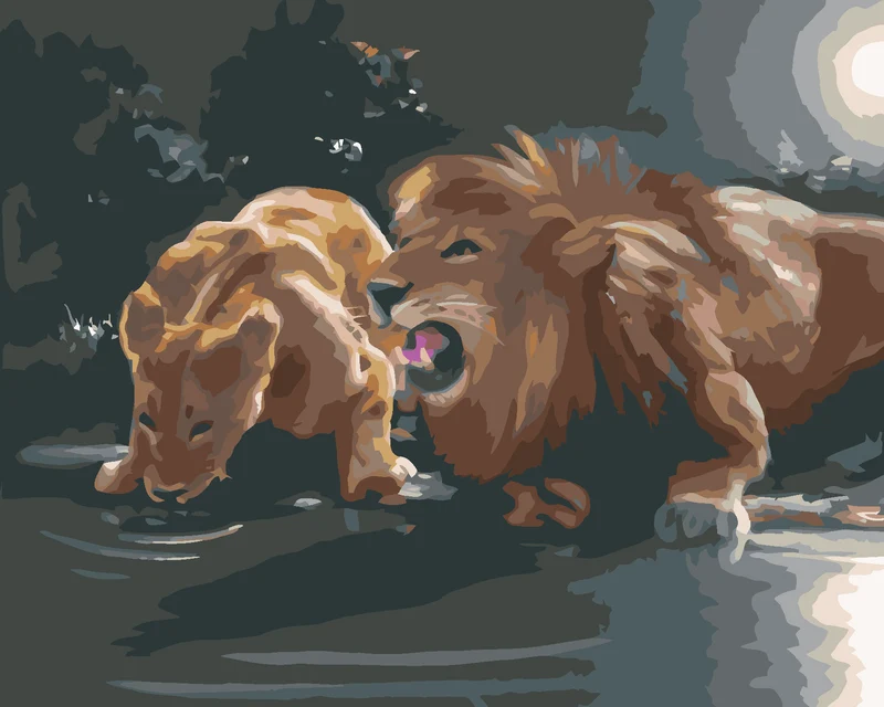 Diamond painting - LÖWE UND LÖWIN AN EINER WASSERSTELLE (D. RUSTY RUST)