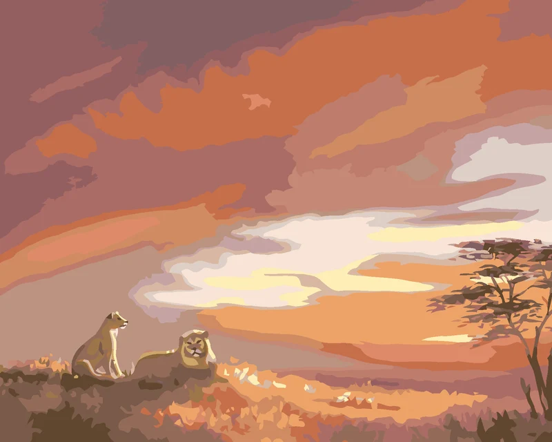 Diamond painting - LÖWE UND LÖWIN BEI SONNENUNTERGANG (D. RUSTY RUST)