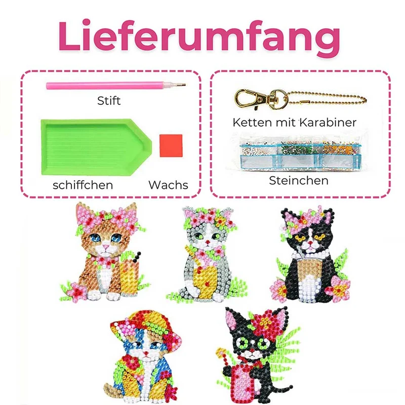 5D Diamond Painting Schlüsselanhänger Katzen 5 Stück