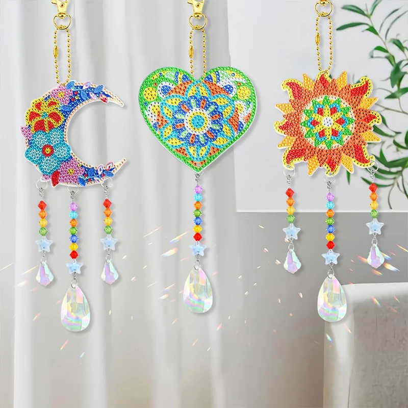 5D Diamond Painting Kristall-Windspiel – Herz, Mond & Sonne im Boho-Style