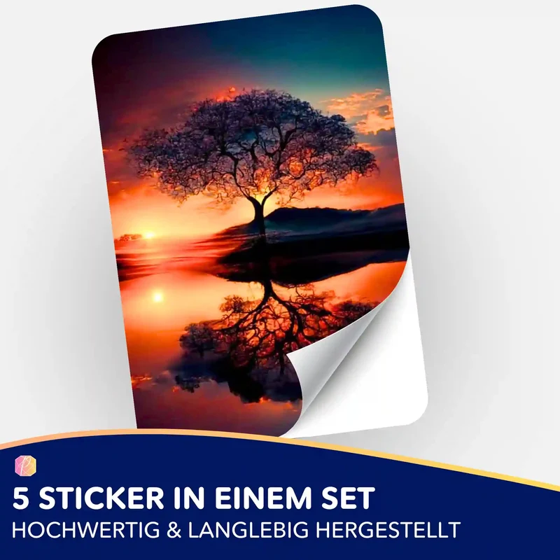 Aufkleber 5er-Set - Baum im Sonnenuntergang
