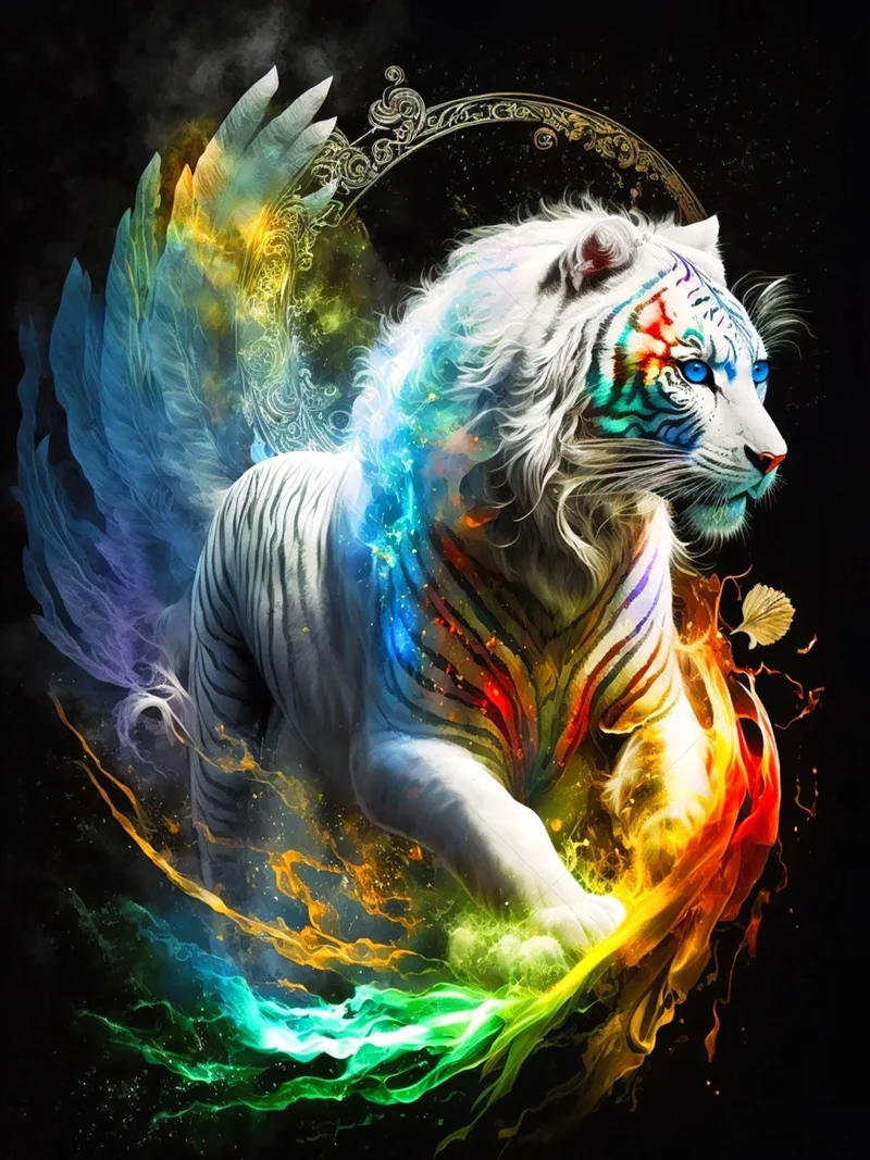 Weisser Tiger im regenbogenfarben Wirbel - 5D DIY Diamond Painting