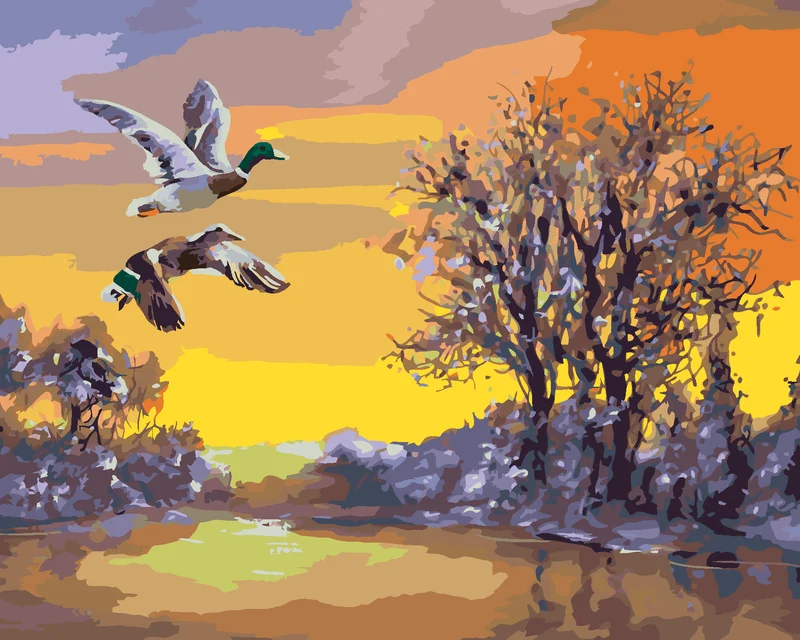 Diamond painting - FLIEGENDE ENTEN ÜBER DEM FLUSS IM WINTER (D. RUSTY RUST)