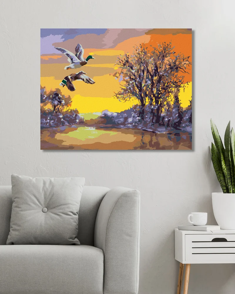 Diamond painting - FLIEGENDE ENTEN ÜBER DEM FLUSS IM WINTER (D. RUSTY RUST)