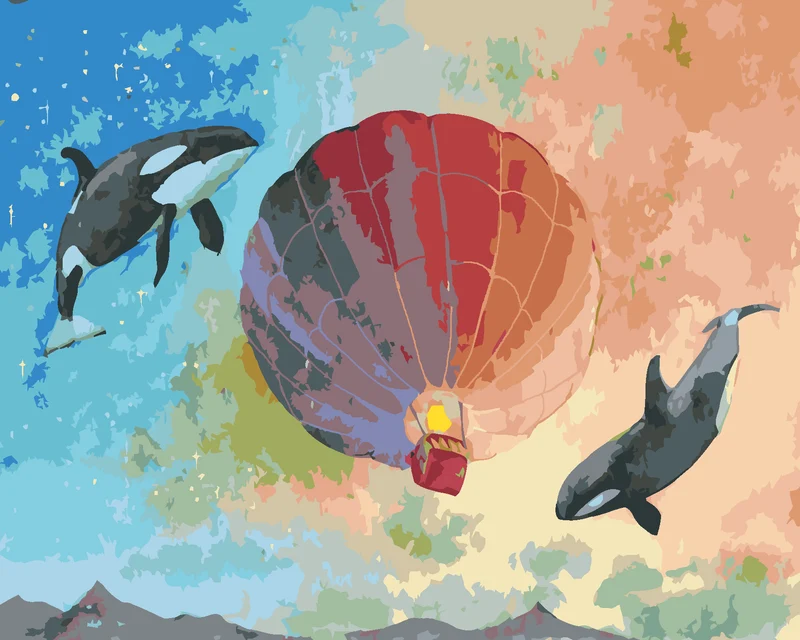 Diamond painting - FLIEGENDE KILLERWALE MIT HEISSLUFTBALLON