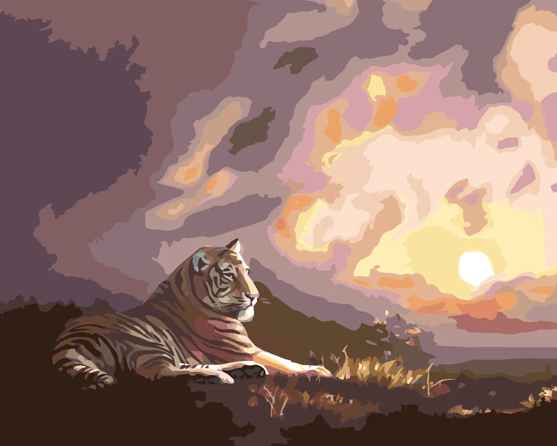 Diamond painting - LIEGENDER TIGER UND SONNENUNTERGANG (D. RUSTY RUST)