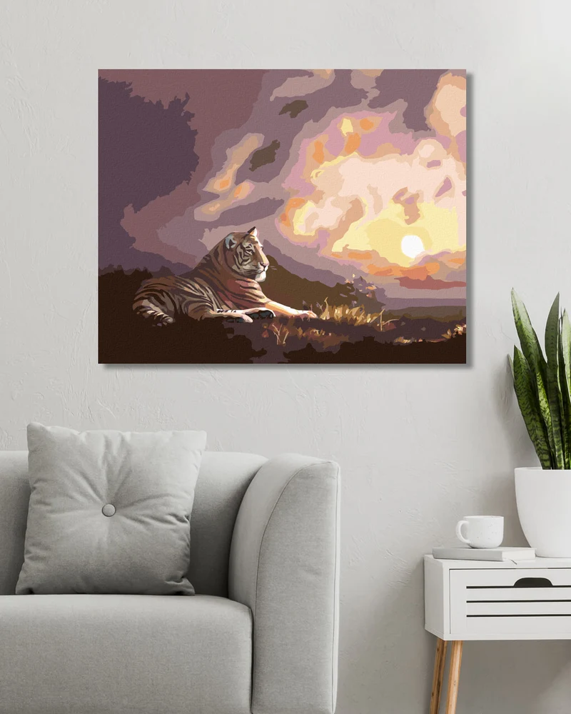 Diamond painting - LIEGENDER TIGER UND SONNENUNTERGANG (D. RUSTY RUST)